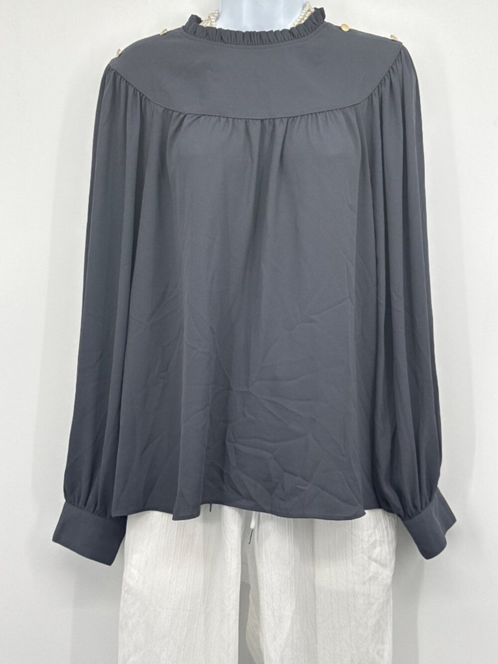 LOFT Gray Ruffled High Neck Blouse Romantic Dark Academia Victorian Style Top L